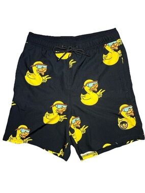 Neff Swim Shorts Mens Medium Black Graphic Duck Print Board Trunks Beach Summer